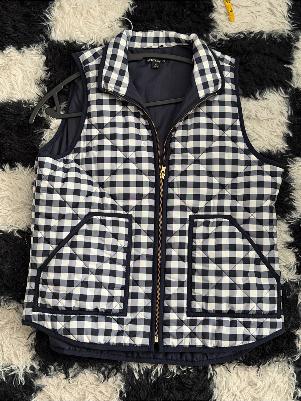 JCrew Mercantile Gingham Quilted Jacket Vest - Navy & White